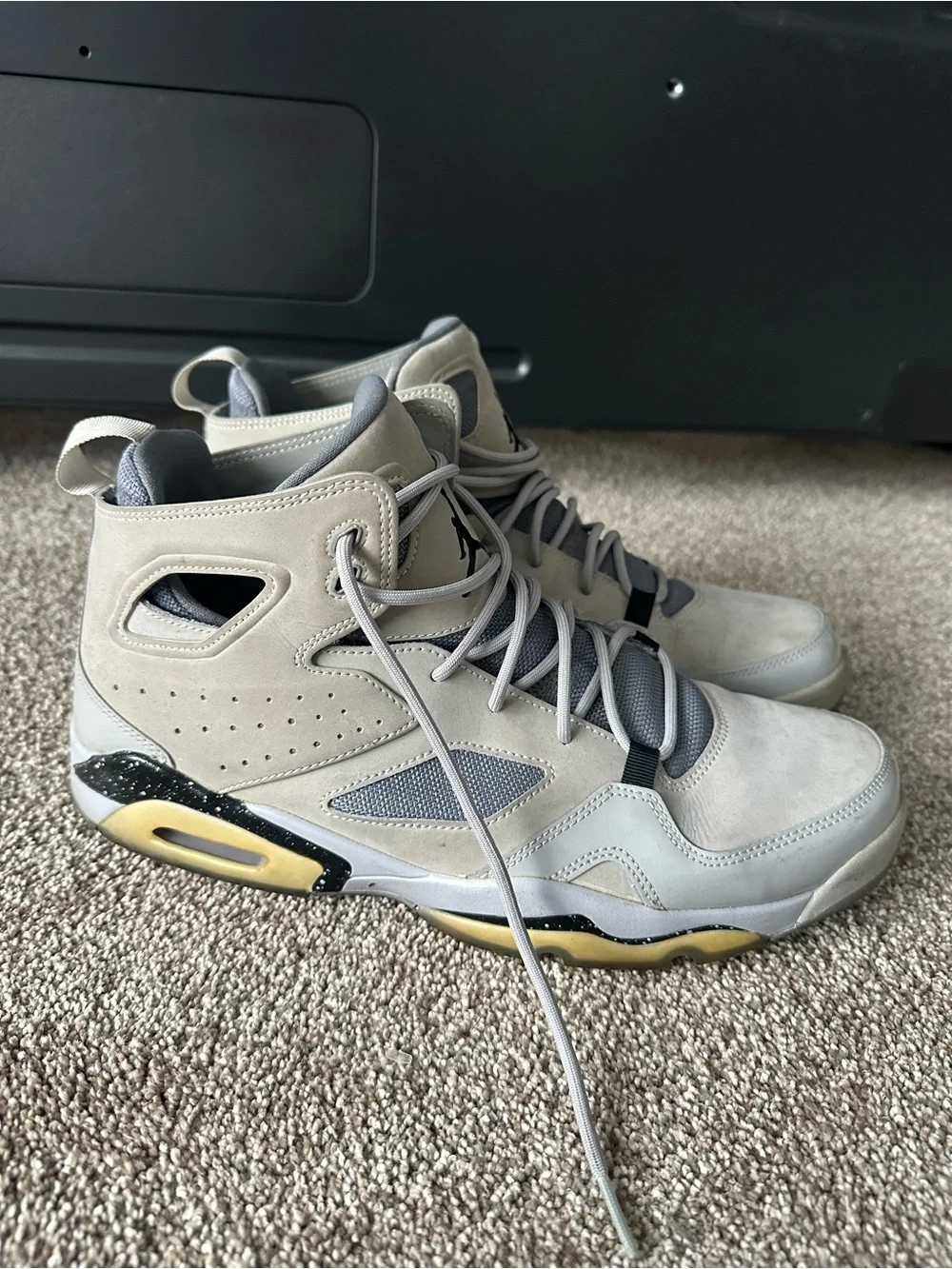Jordan Men's High-Top Sneakers in Light Gray with Black and Yellow Accents